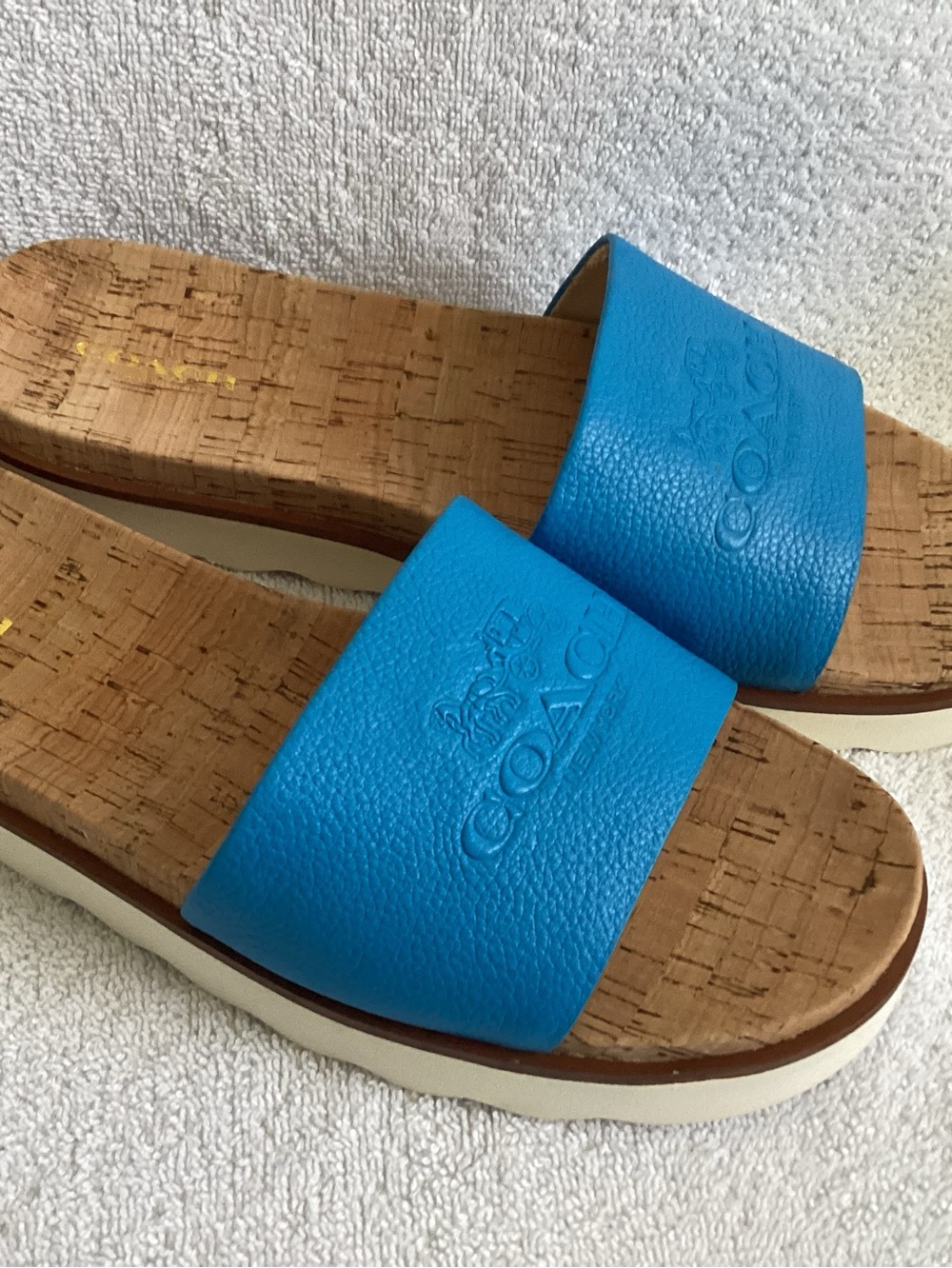 Coach Spruce Azure Blue Pebble Grain Leather Cork Slide Sandals Shoe Women’s 8.5